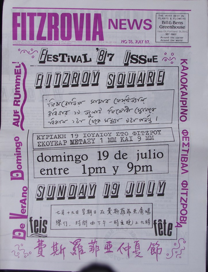 Front Page Fitzrovia Neighbourhood News no 36 July 1987