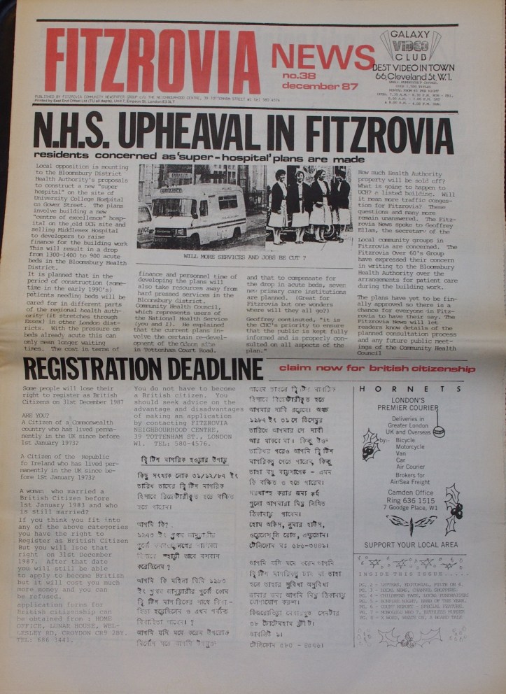 Front Page Fitzrovia Neighbourhood News no 38 December 1987