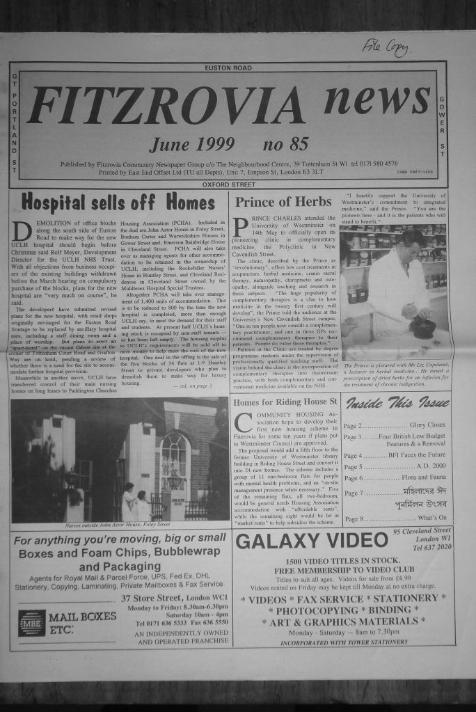 Page 1, Fitzrovia News, number 85, June 1999.