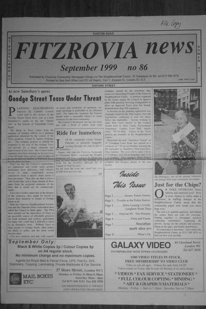 Page 1, Fitzrovia News, number 86, published September 1999.