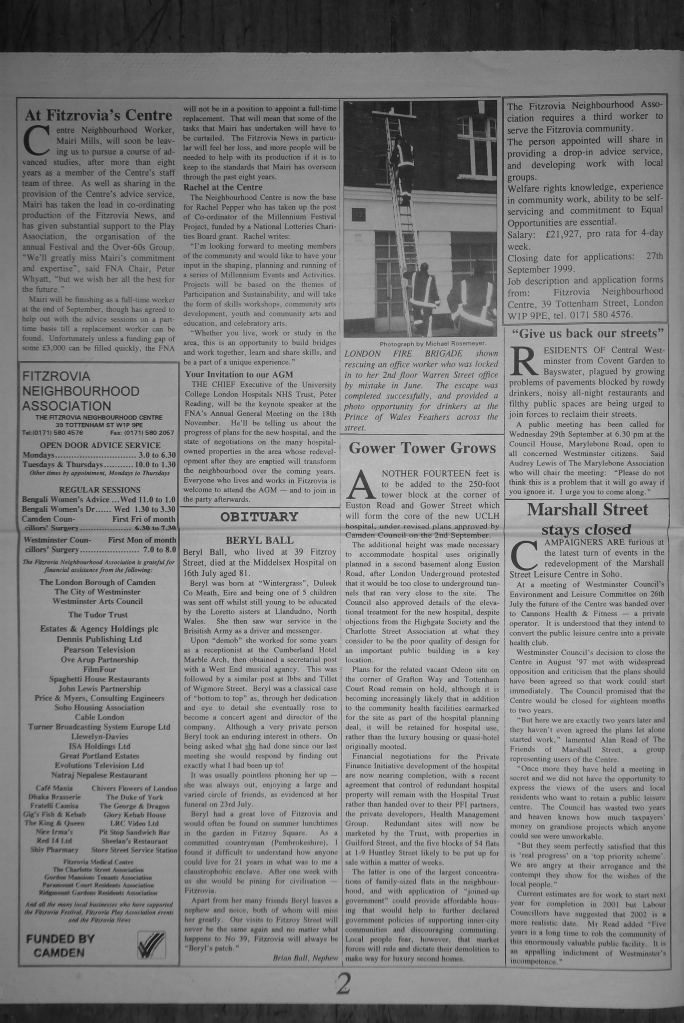 Page 2, Fitzrovia News, number 86, published September 1999.