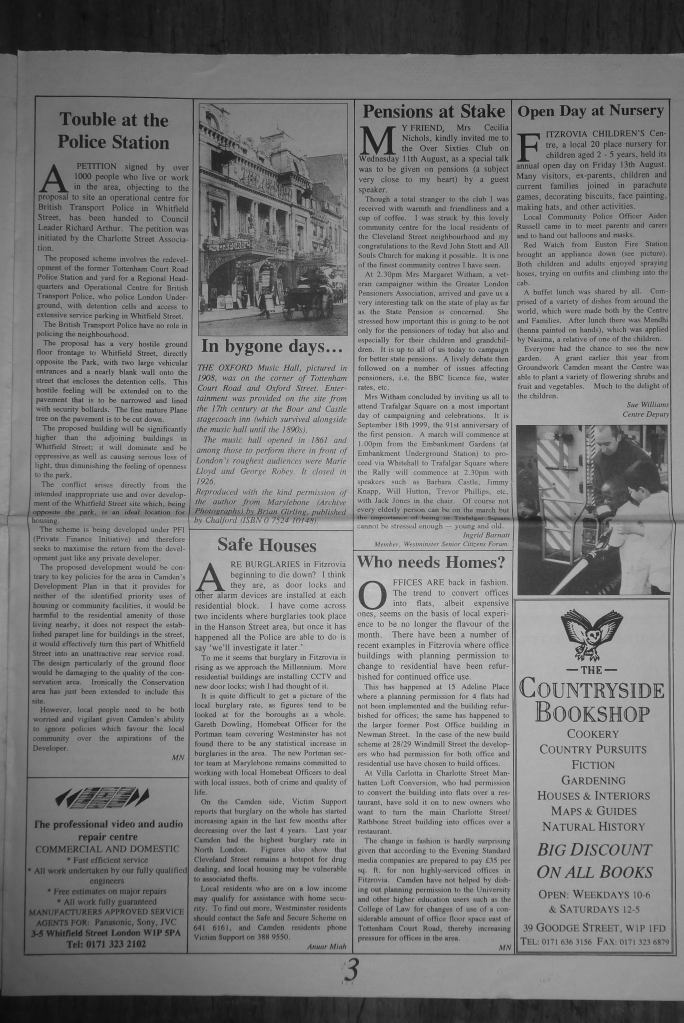 Page 3, Fitzrovia News, number 86, published September 1999.