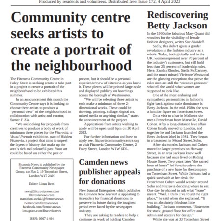 Front page of Fitzrovia News number 172 published on Tuesday 4 April 2023.