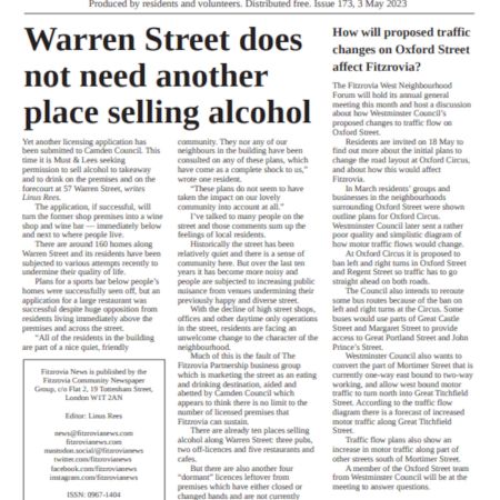 Front page of Fitzrovia News, 3 May 2023.