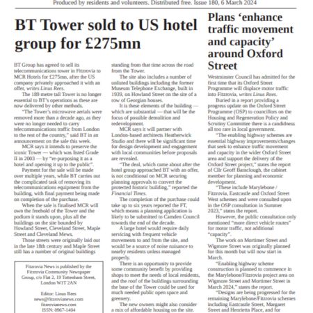 Front page of Fitzrovia News, number 180, published on Wednesday 6 March 2024.