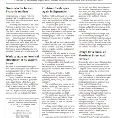 Front page of The Fitzrovia News number 186, 4 September 2025.