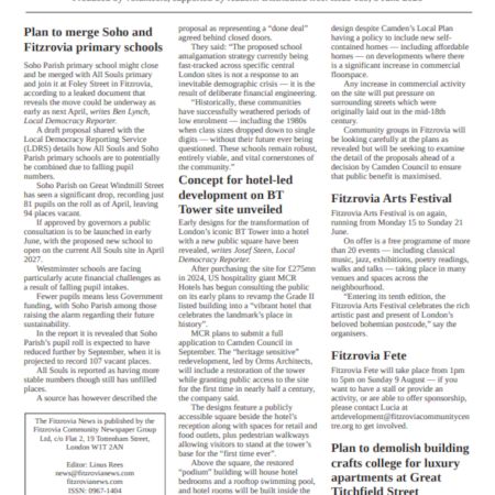 Front page of The Fitzrovia News, number 189, published on Friday 5 June 2026.